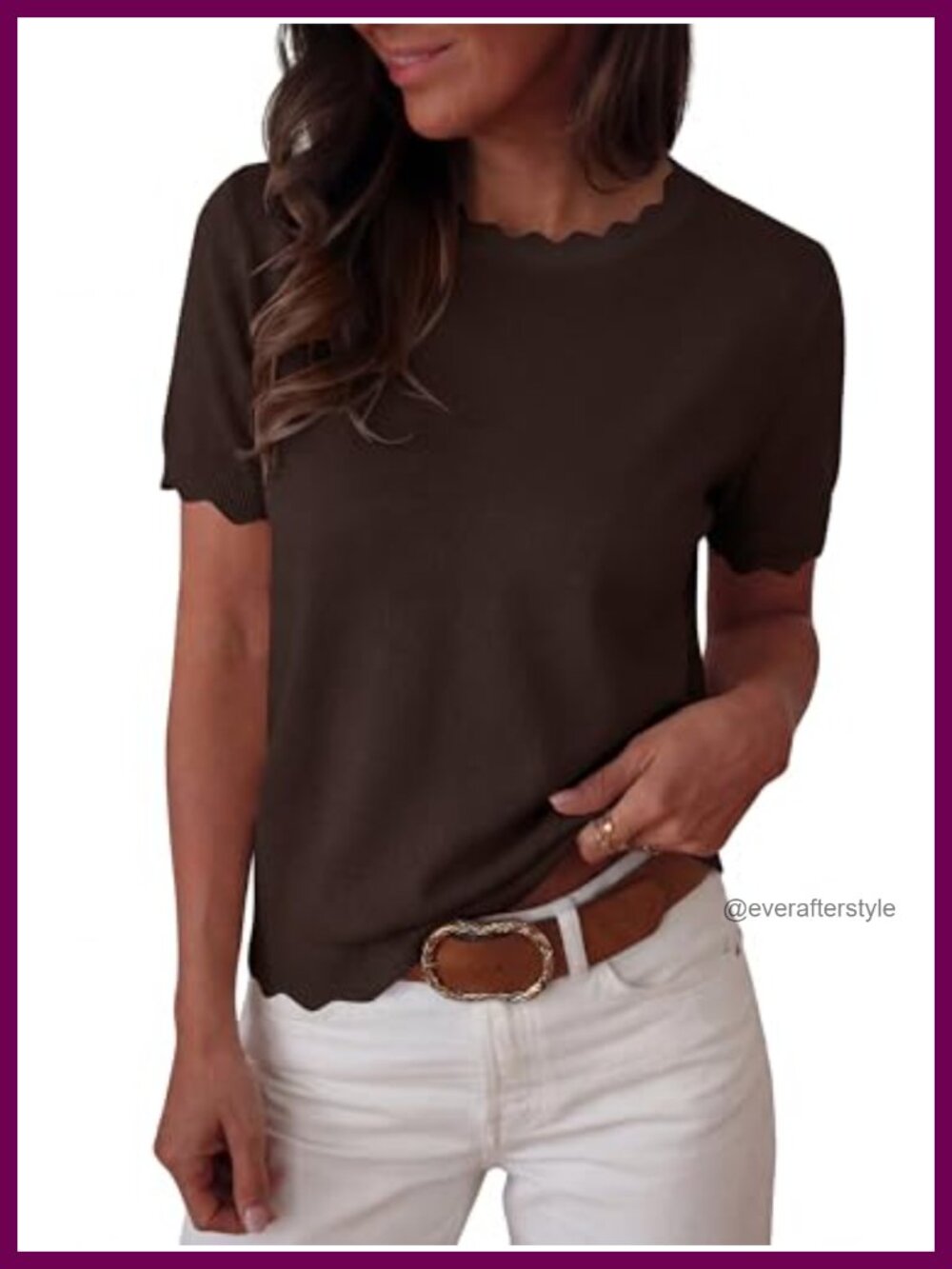 Womens Short Sleeve Scalloped Sweater Wool Blend Loose Business Casual Top